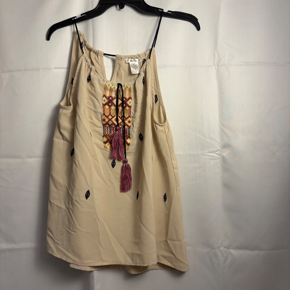 Esley Womens Beige‎ Embroidered Tassel Tank Top Boho Sleeveless Blouse Small